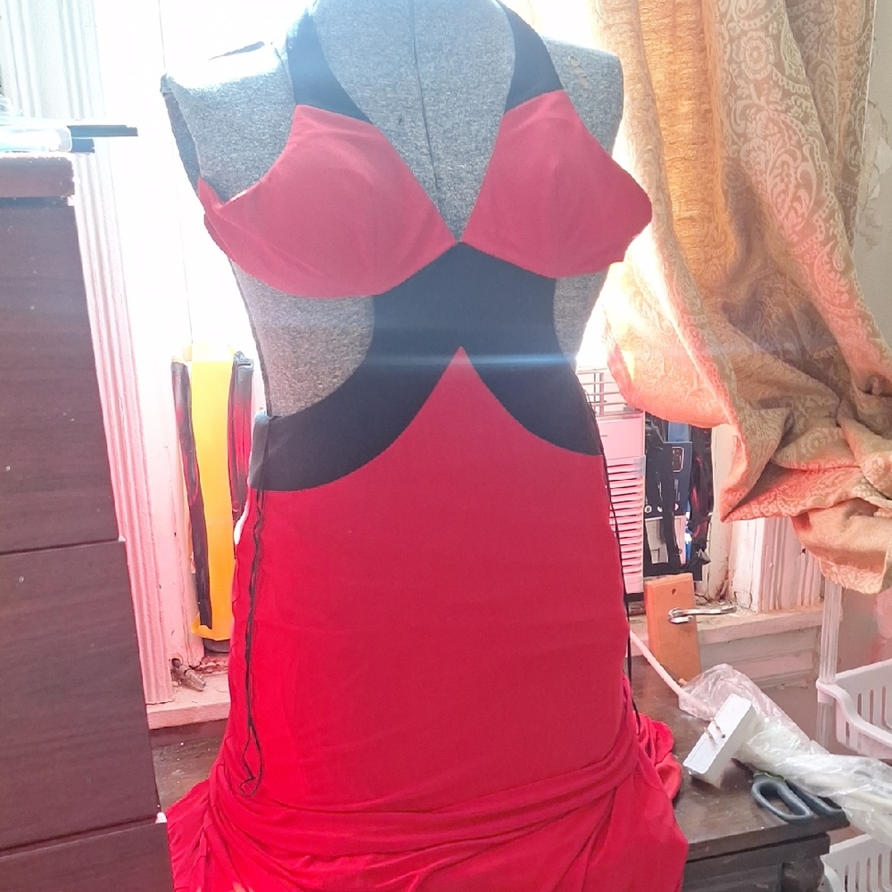 Red and Black Cutout Halter Dress